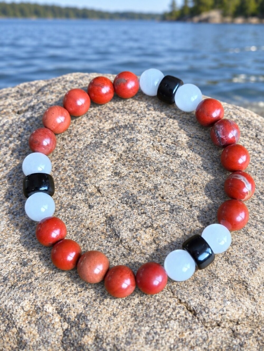Red Jasper & White Jade Beadrd Stretch Bracelet | Handmade